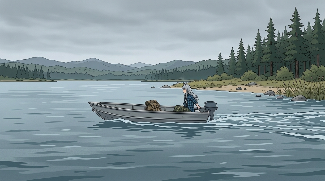 Helga and the Big Water - Anime art, Longpost, My, Art, Anime, Girls, Autumn, Hike, Animal ears, Tail, Kitsune, The mountains, Flood, Original character, Neural network art, River, Ginger & White, Neural Network Content, Series Ginger and Winter