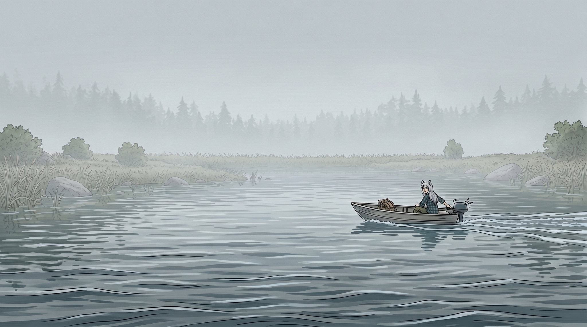 Helga and the Big Water - Anime art, Longpost, My, Art, Anime, Girls, Autumn, Hike, Animal ears, Tail, Kitsune, The mountains, Flood, Original character, Neural network art, River, Ginger & White, Neural Network Content, Series Ginger and Winter