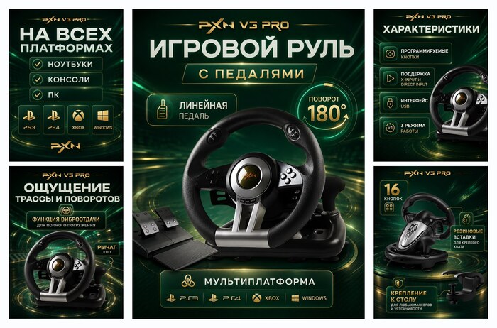 Игровой руль PXN V Pro для ПК, PS3, PS4, XBox One, Nintendo Switch, Гоночный симулятор вождения с педалями, черный