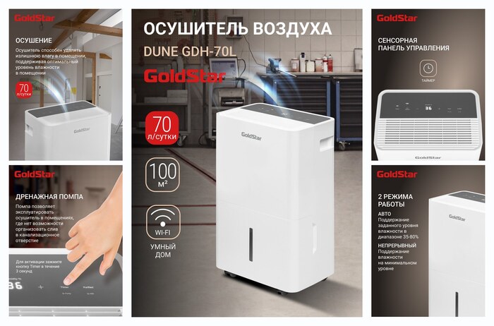 Осушитель воздуха GoldStar Dune GDH-70L, 70 литров, для помещения до 100 кв. м.