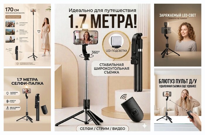Штатив для телефона c лампой, Монопод трипод с Bluetooth пультом управления, Селфи палка для смартфона с Led подсветкой,