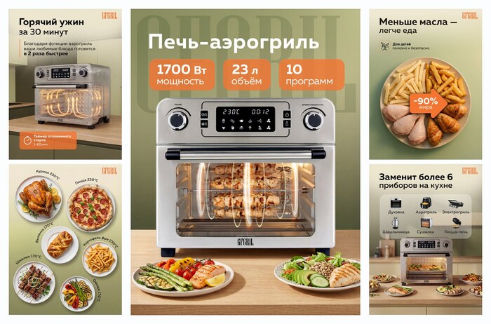 Мини печь электрическая с аэрогрилем и конвекцией GFGRIL GFAO-700, 23 л