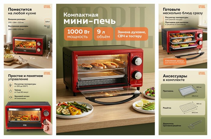 Мини печь GFGRIL GFO-09 электрическая, 9л , 1000 Вт