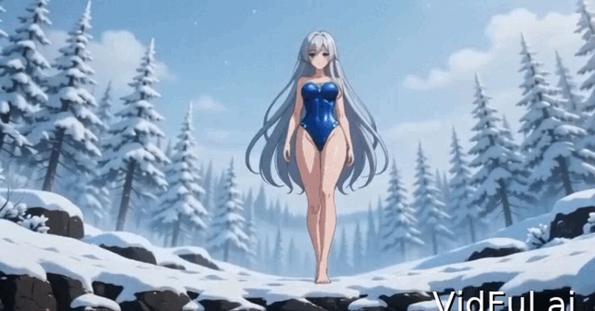 Bather in red hot water - Neural Network Content, Swimsuit, Bathing, Anime, Hot water, Steam, Water, Water, Geyser, The hot springs, Winter, Forest, Neural network art, Art, Women, GIF