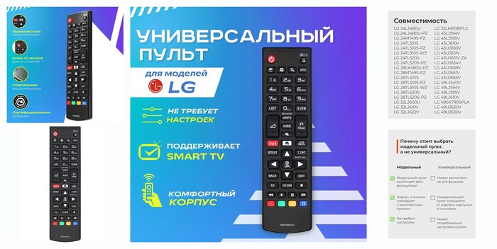 Пульт универсальный для телевизоров LG AKB75095312 (AKB75675303) HLG425, ИК, 2хАА