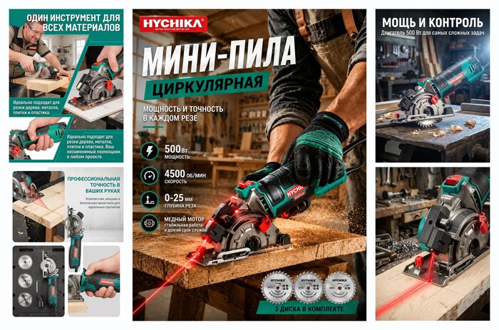 Электрическая циркулярная пила HYCHIKA 500 Вт, 4500 об/мин, диск 85 мм
