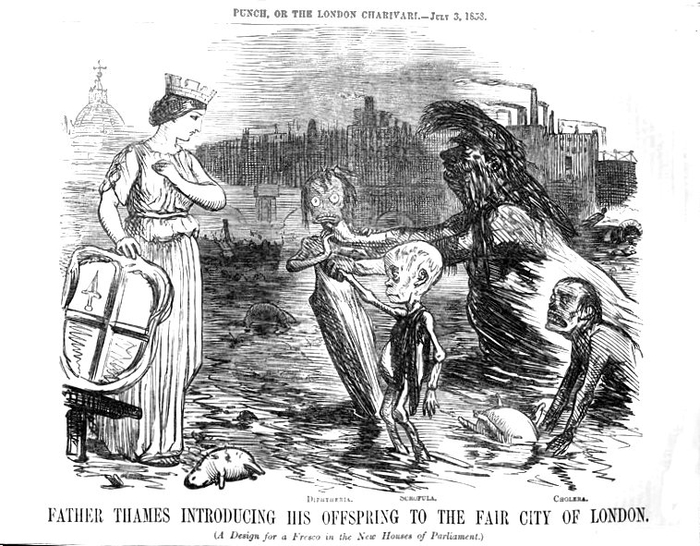 «Father Thames Introducing His Offspring to the Fair City of London» (Джон Тенниел, Punch, 1858) — Отец Темза представляет городу своих «детей»: дифтерию, золотуху и холеру.