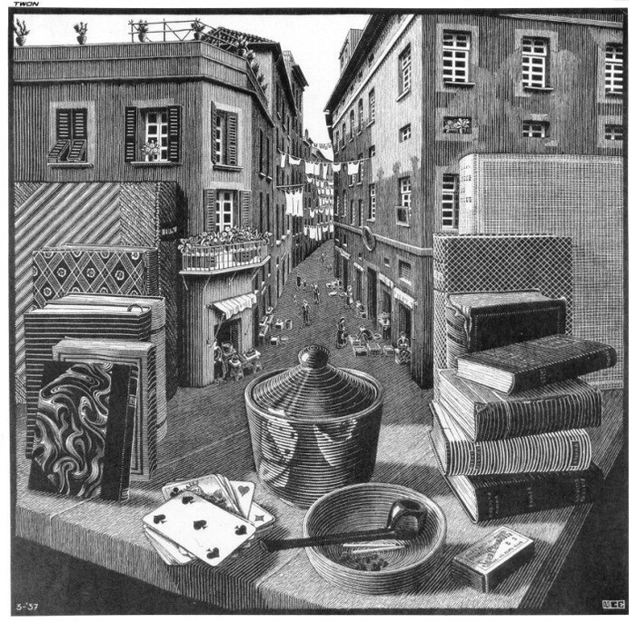Ксилография (гравюра на дереве) «Натюрморт и улица» (Still Life and Street), созданная Маурицем Корнелисом Эшером в 1937 году