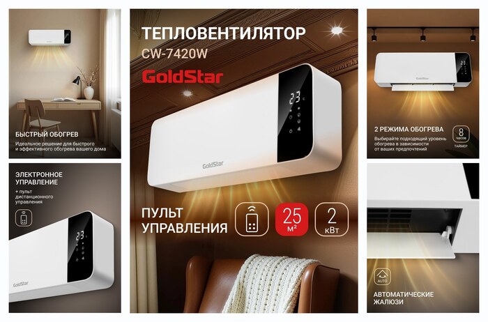 Тепловентилятор GoldStar GFH/CW-7420W, настенный, площадь обогрева до 25 м², пульт ДУ, таймер