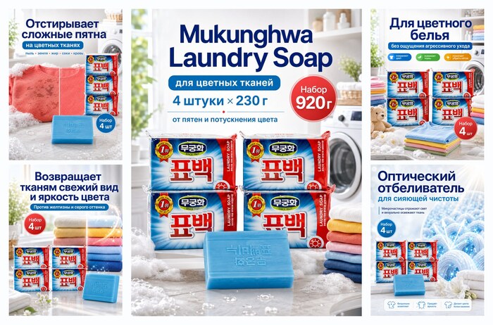 Мыло хозяйственное Mukunghwa Laundry soap отбеливающее и пятновыводящее, для цветного, 4 штуки по 230 грамм