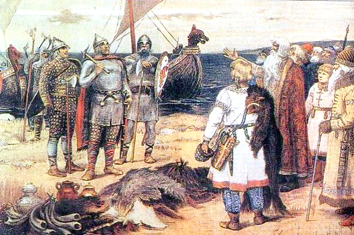 Рис. 2. Прибытие Рюрика в Ладогу В. М. Васнецов 1909 г. Старейшина встречает его чуть ли не с распростертыми объятиями.