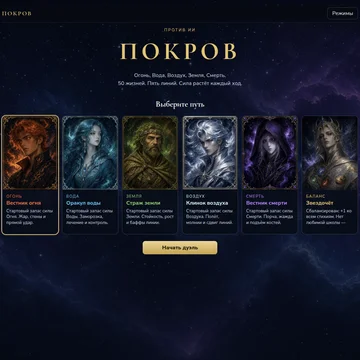 Покров — остросюжетная дуэль магов один на один. Пять стихий, пять линий поля, десятки карт. Выберите путь, копите силу и сокрушите соперника — в сети, с другом или против ИИ. (скриншот 1)