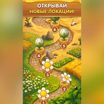 Уютная игра в слова с пчёлами: составляй слова из букв на сотах, наполняй горшки золотым мёдом и открывай цветы на дороге. Без таймера и штрафов, больше сотни уровней, подсказки и ежедневные награды. (скриншот 3)